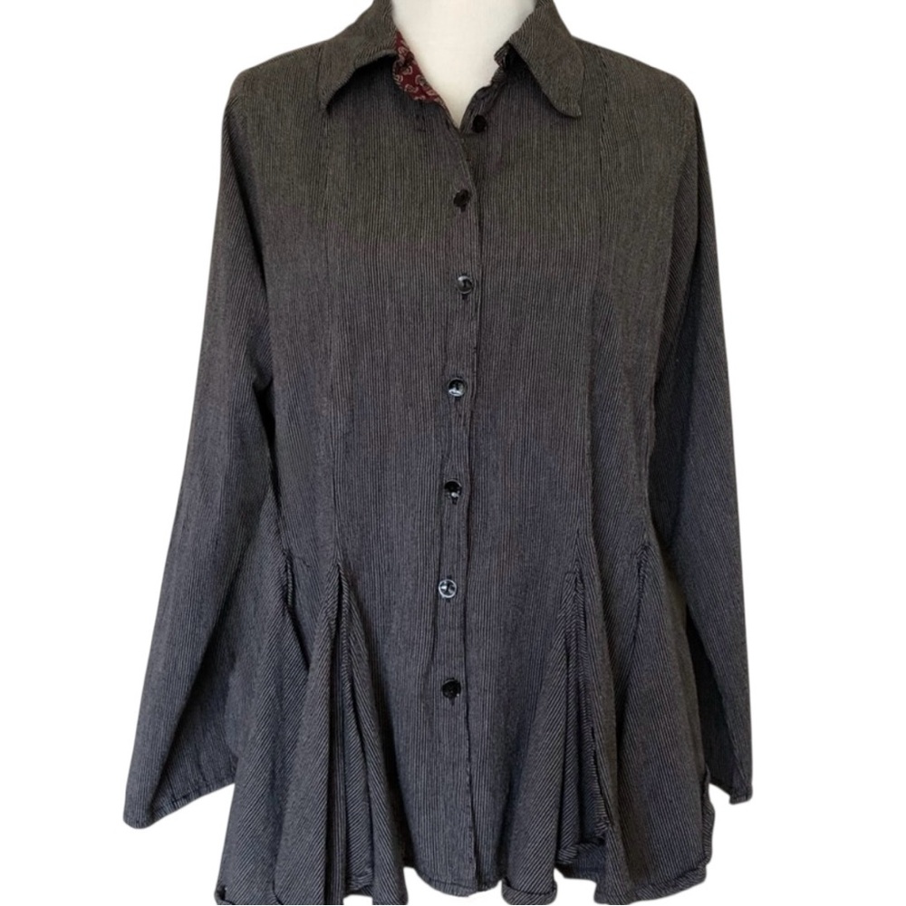 Tulip Panel Peplum Flared Hem Long Sleeve Top Black Gray Stripe Button Cotton XL